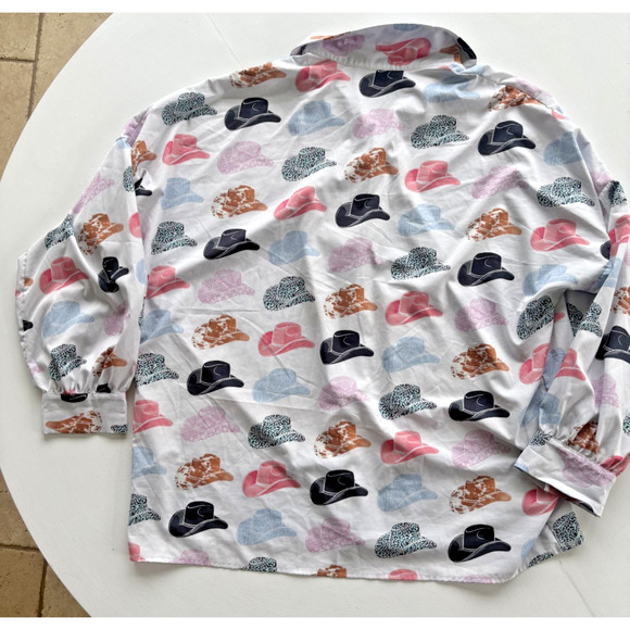 Nylon Apparel Button Down Cowboy Hat Print Blouse 1XL - Picture 5 of 5